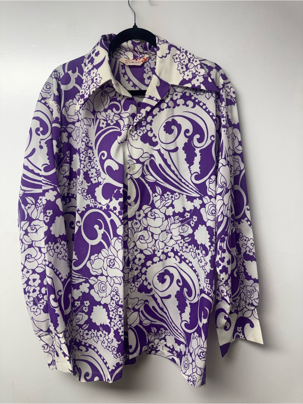 Vintage 1970s Sears Hawaii Purple Psychedelic Floral Dagger Collar XL Shirt C7 - Picture 4 of 9
